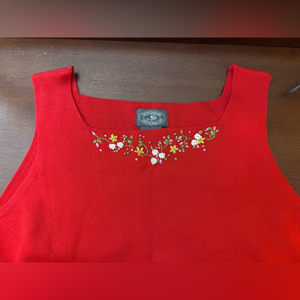 DESIGNER ORIGINALS Red Sleeveless Top with Floral Embroidery - Picture 2 of 7